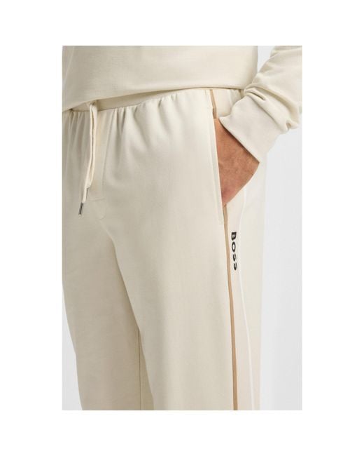 Boss Natural Cotton-Terry Tracksuit Bottoms With Tape And Logo for men