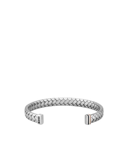 Boss White Tone Cuff With Herringbone Pattern for men