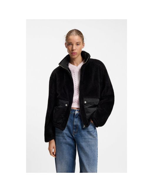 HUGO Black Faux-Fur Jacket With Contrasting Patch Pockets