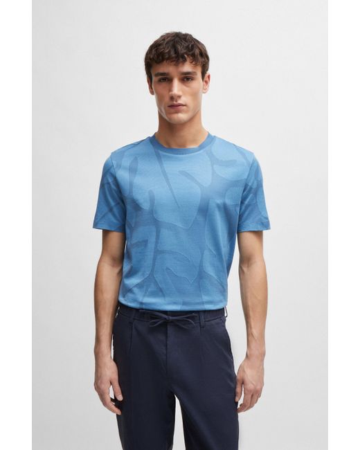 Boss Katoenen T-shirt Met Tweekleurig Monstera-bladdessin in het Blue voor heren