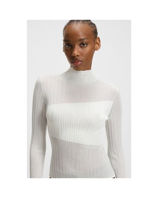 HUGO White Mock-Neck Sweater With Sheer And Solid Effects