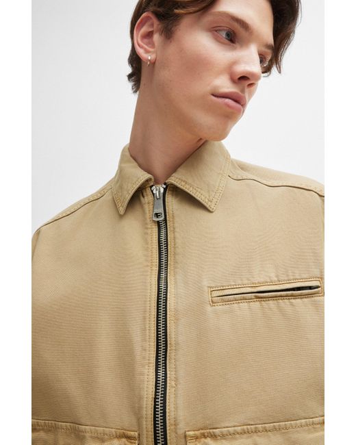 HUGO Natural Slim-fit Jacket In Cotton Canvas With Logo Label for men