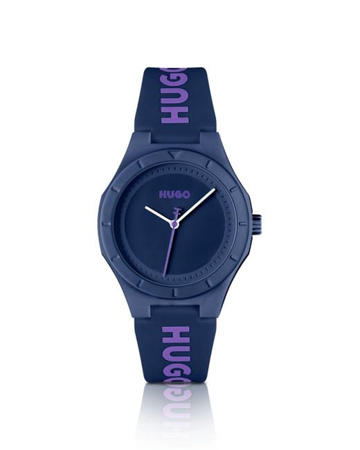 HUGO Blue Uhr mit Logo auf dem Silikonarmband und auberginefarbenem Zifferblatt