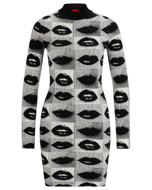 HUGO Black Mock-neck Tube Dress With Lips Jacquard