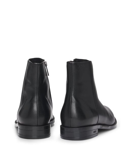 Boss Black Leather Half Boots With Emed Logo And Side Zip for men