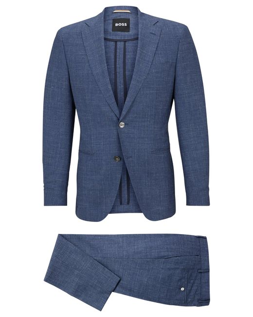 Boss Blue Slim-fit Suit In Wool, Tussah Silk And Linen for men