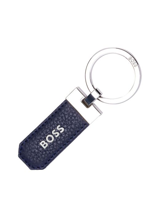 Boss Blue Marineblauer Schlüsselanhänger aus genarbtem Leder und Messing mit Logo