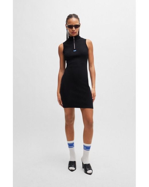 HUGO Black Slim-fit Dress In Stretch Cotton With Zip Neckline