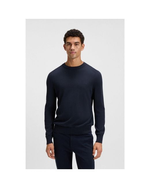 Boss Blue Knitted-Cotton Sweater With Embroidered Logo for men