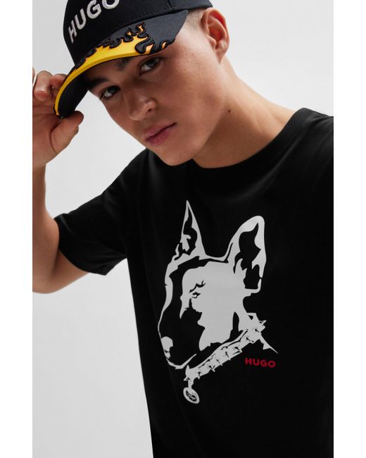 HUGO Black Cotton-jersey T-shirt With Dog Artwork for men
