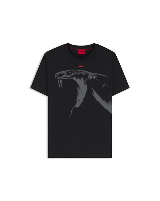 HUGO Black Cotton-Jersey T-Shirt With Cobra Print for men