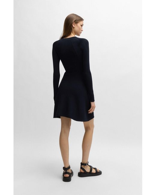 Boss Blue Slim-fit Long-sleeved Dress With Mixed Structures