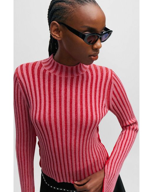 HUGO Red Mock-neck Sweater In Ribbed Cotton With Frilled Seams