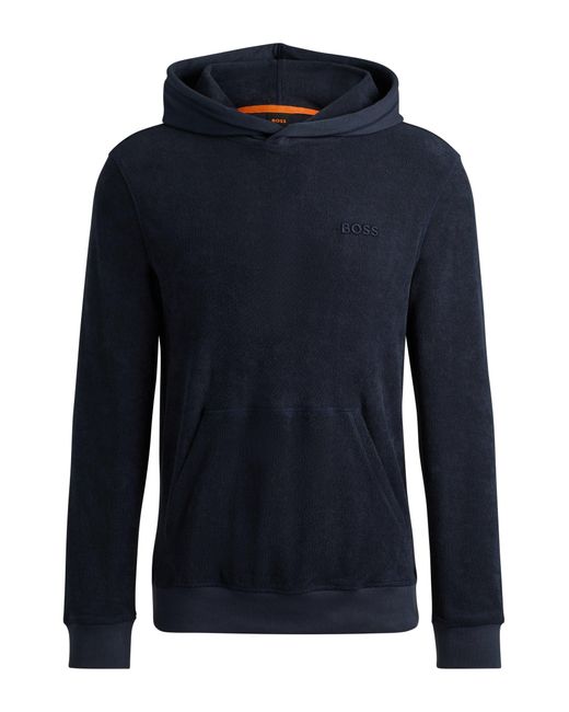 Boss Blue Cotton-towelling Relaxed-fit Hoodie With Logo Detail for men