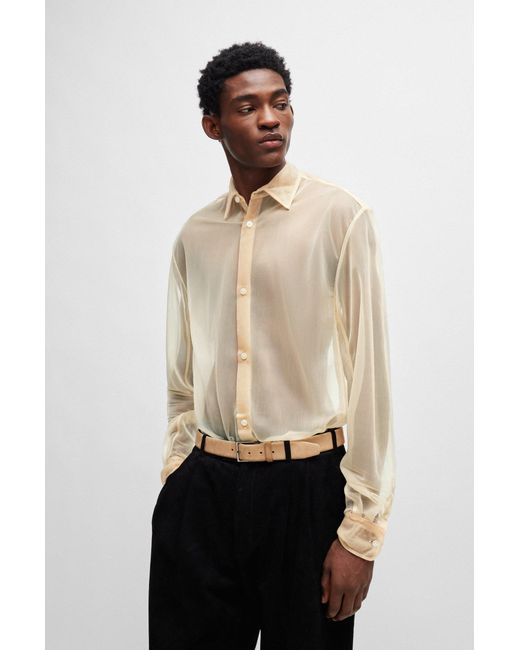 Boss White Regular-fit Shirt In Transparent Jersey With Kent Collar for men