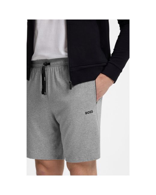 Boss Gray Stretch-Cotton Shorts With Embroidered Logo for men