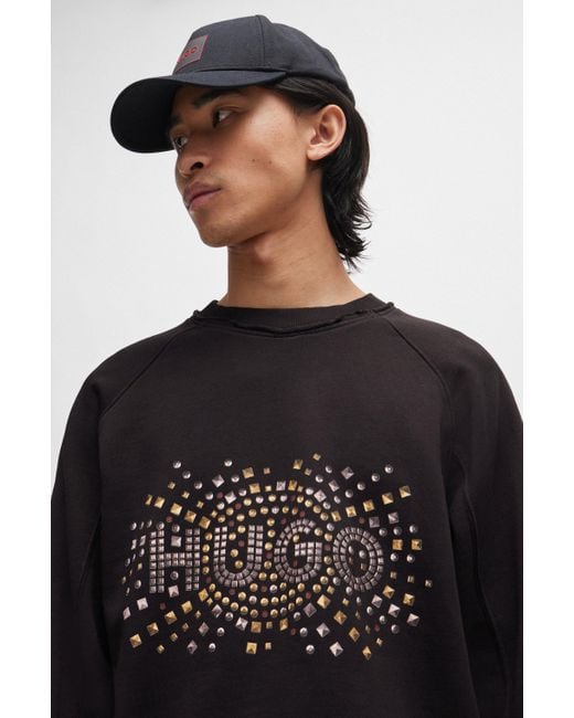 HUGO Black Cotton-terry Sweatshirt With Stud-effect Logo Artwork for men