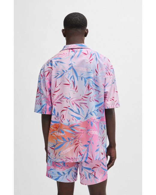 HUGO Relaxed-fit Overhemd Met Korte Mouwen En Print in het Pink voor heren