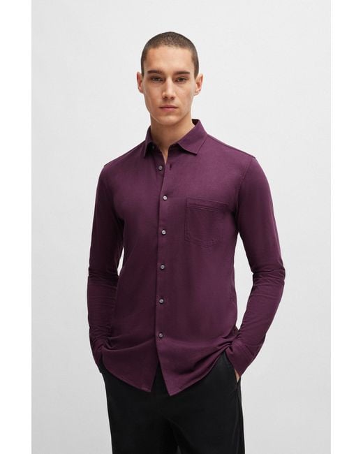 Boss Purple Garment-dyed Slim-fit Shirt In Cotton Jersey for men