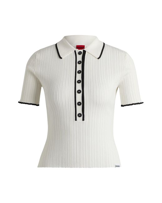 HUGO White Slim-fit Knitted Top With Polo Collar