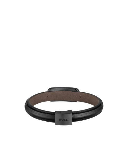 Boss Brown Layered Leather Cuff With Branded Metallic Link for men