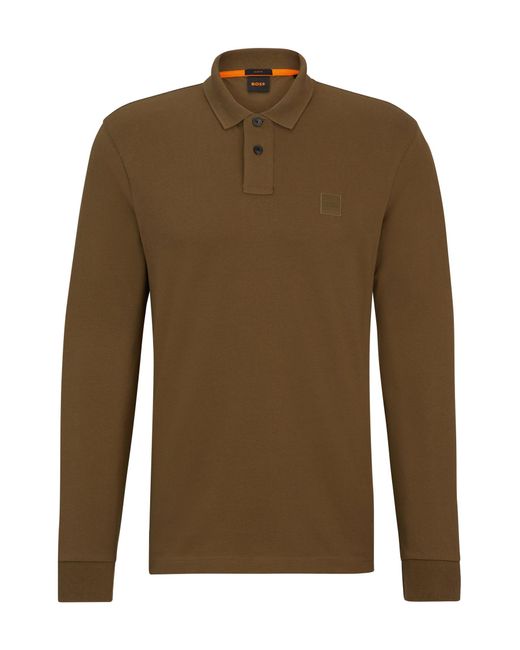 Boss Brown Stretch-cotton Slim-fit Polo Shirt With Logo Patch for men