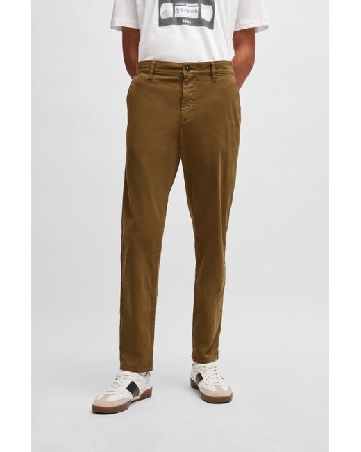 Boss Brown Tapered-fit Trousers In Stretch-cotton Broken Twill for men