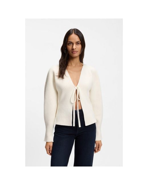 Boss White Tie-Front Rib-Knit Cardigan With Balloon Sleeves