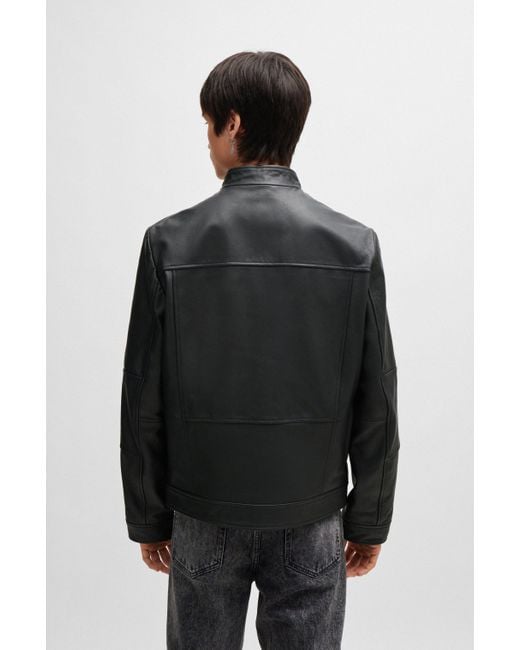 HUGO Black Extra-slim-fit Leather Jacket With Red Lining for men