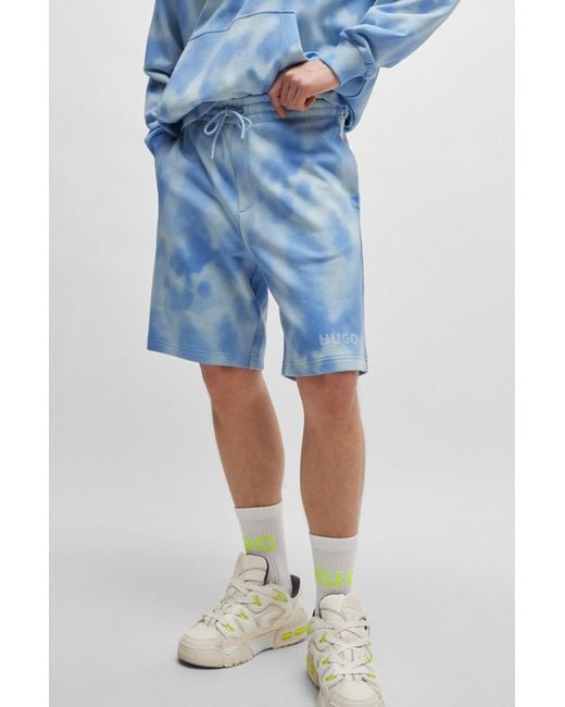 HUGO Blue Relaxed-fit Shorts In Cotton Terry With Seasonal Print for men