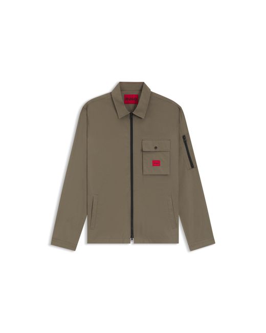 HUGO Brown Zip-Up Cotton-Blend Canvas Overshirt With Logo Label for men