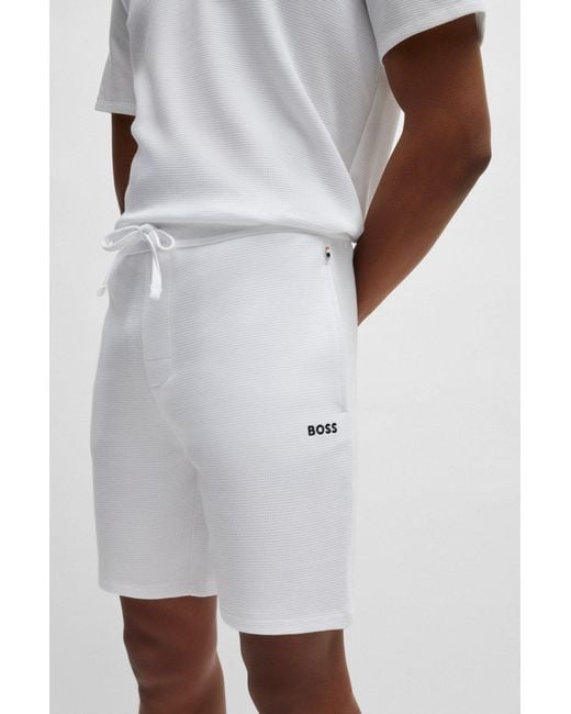 Boss White Waffle-structured Pyjama Shorts With Embroidered Logo for men
