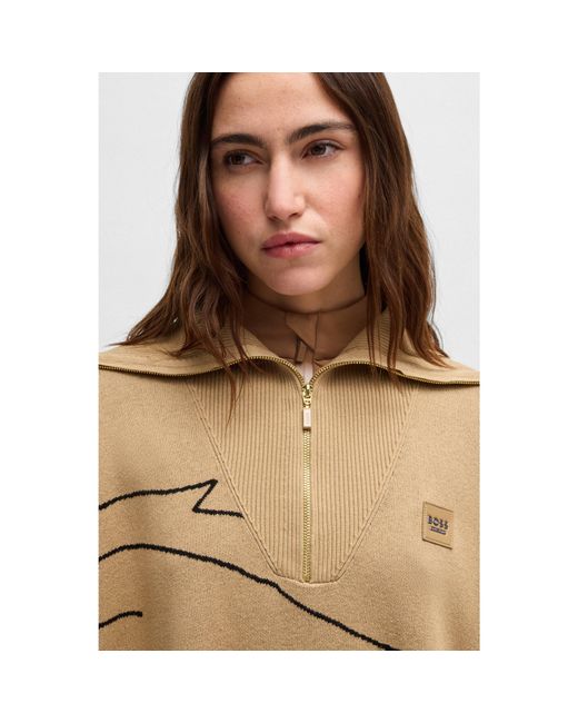 Boss Brown Equestrian Cotton-Blend Cape With Abstract Intarsia