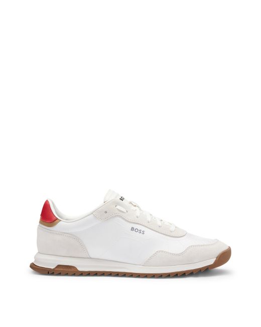 Boss White Textured-fabric Lace-up Trainers With Suede Trims for men
