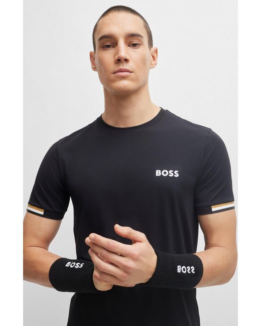 Boss X Matteo Berrettini T-Shirt mit Waffelstruktur und Signature-Streifen-Artwork in Black für Herren