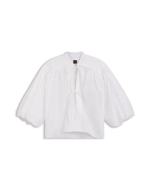 Boss White Relaxed-Fit Bluse Aus Baumwoll-Popeline Mit Ausschnitt Zum Binden