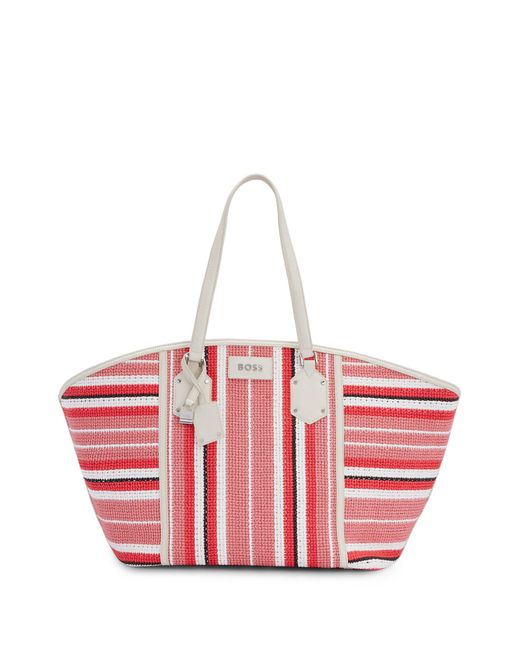 Boss Pink Leather-trimmed Tote Bag In Multi-coloured Raffia