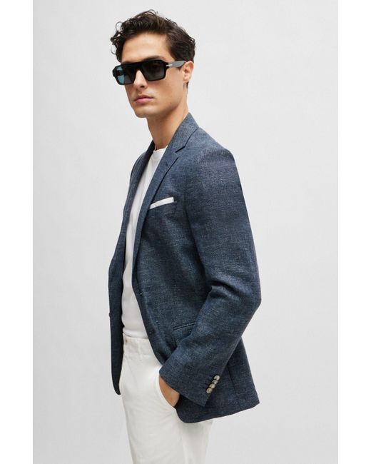 Boss Blue Slim-fit Jacket In Patterned Virgin Wool And Linen for men