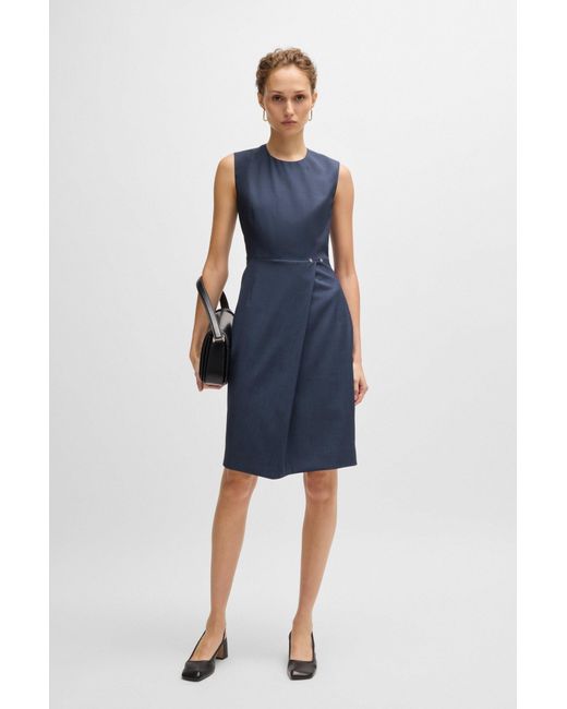 Boss Blue Shift-style Dress In Virgin Wool With Wrap Skirt