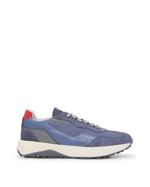 HUGO Blue Leather Lace-up Trainers With Mesh Trims for men