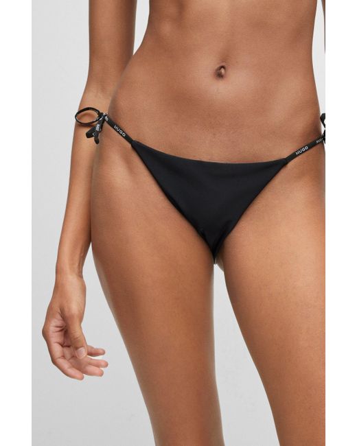 HUGO Black Tie-side Bikini Bottoms With Logo Print