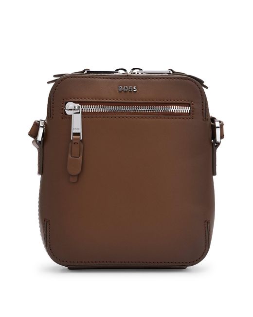 Boss Brown Leather Reporter Bag With Metallic Logo Lettering for men