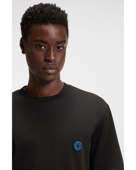 HUGO Black Cotton-Jersey T-Shirt With Happy Logo for men