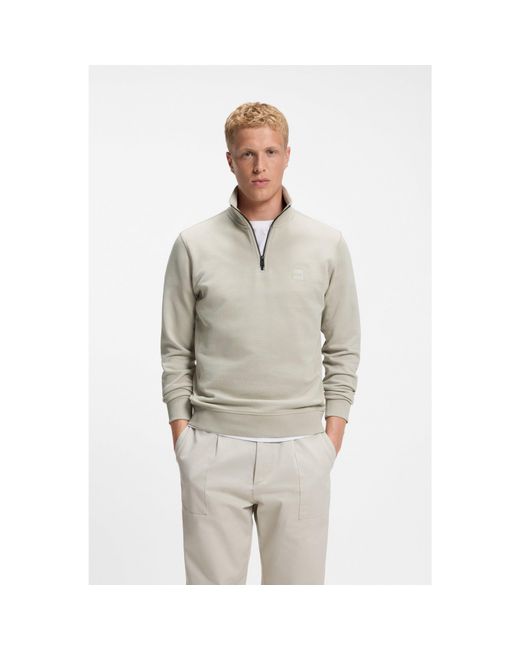 Boss Gray Cotton-Terry Sweatshirt With Zip Collar for men