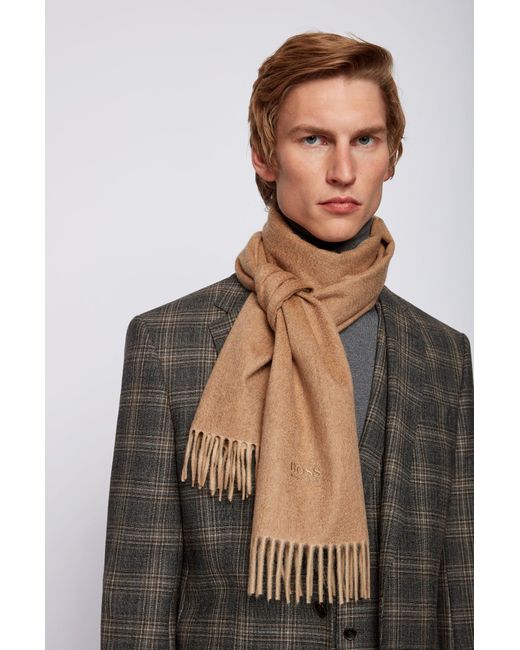BOSS by HUGO BOSS Italian-cashmere Scarf With Tonal Logo Embroidery in  Beige (Natural) for Men - Lyst