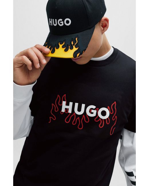 T-shirt Regular Fit en jersey de coton avec logo flamme HUGO pour homme en coloris Black