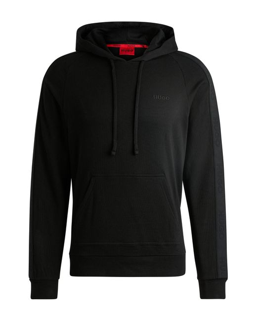 HUGO Black Cotton-terry Hoodie With Logo Tape Sleeves for men