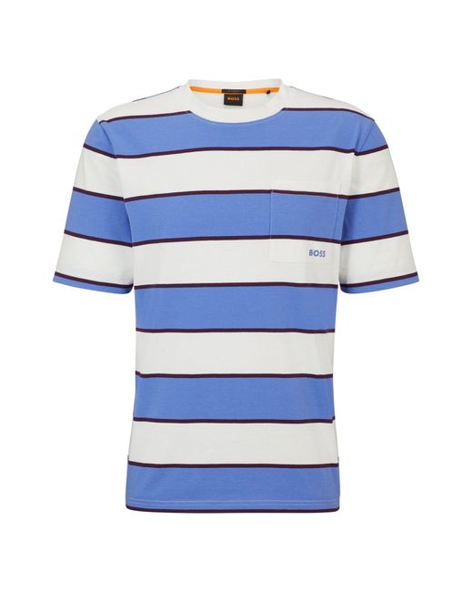 Boss Blue Block-striped T-shirt In Cotton Jersey for men