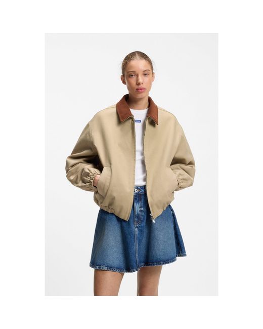 HUGO Blue Stretch-Cotton Jacket With Contrast Corduroy Collar