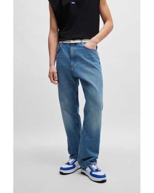 HUGO Mid-blue Denim Jeans With Logo-tape Waist for men
